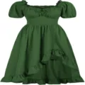 Green vintage Renaissance cottagecore dress featuring puff sleeves and ruffled high-low hem. - S / Dresses / Dark Green