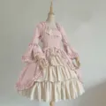 Medieval vintage gothic court dress, square neck, waist-cinching bow detailed ruffles. - S / Dresses / Pink