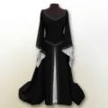 Detailed view of the medieval gothic long sleeve dress featuring intricate embroidery trim. - S / Dresses / Black