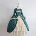 Medieval gothic vintage court dress long sleeve square neck ruffle tiered maxi dress - S / Dresses / Green