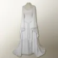 White medieval renaissance long sleeve dress with elegant embroidery details for party. - S / Dresses / White