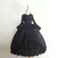 Medieval vintage gothic court dress, black long sleeve square neck ruffle lolita gown. - S / Dresses / Black