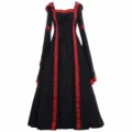 Robe longue médiévale gothique vintage à capuche col carré manches évasées lacets noir - S / Robes / Noir