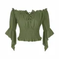 Chemisier vert épaules dénudées à lacets et volants pour femme, vue détaillée du produit - S / Hauts / Vert Militaire