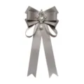 Elegant grey ribbon bow brooch with crystal rhinestone centerpiece and pearl pendant for women. - Gray