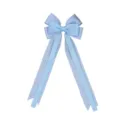Close-up detail view of light blue grosgrain ribbon bow with long plaid streamers for hair clip. - Blue