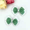 Green and white gingham hair bows, cute double layer ribbon hair clips for girls and kids. - Green Single Piece