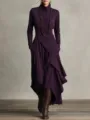 Close-up details of the elegant purple long sleeve high neck wrap maxi dress design. - S / Dresses / Purple