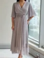 Elegant V-neck pleated maxi dress with chic flutter sleeves and rhinestone waist detail. - S / Dresses / Gray