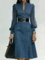 Long sleeve stand collar slim fit denim midi dress with sheer sleeves and waist belt. - S / Dresses / Light Blue
