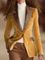 Women velvet blazer long sleeve leopard print lapel single button elegant casual stylish outwear - S / Tops / Yellow