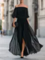 Exquisite off-shoulder pleated long black chiffon dress, elegant waist design for summer parties. - S / Dresses / Black