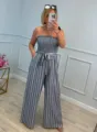 Women Casual Striped Strapless Jumpsuit Summer Wide Leg Romper with Belt and Pockets - S / Blue