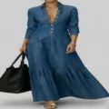 Denim maxi dress detail featuring button-up front, classic lapel, and elegant waist cinching. - S / Dresses / Blue
