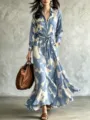 Long sleeve shirt dress for women, elegant abstract print maxi dress with belted waist. - S / Dresses / Light Blue