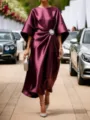 Elegant purple satin midi dress with crystal brooch, ideal for luxury evening events. - XS / Dresses / Burgundy