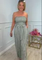 Women's casual striped strapless jumpsuit with belt, fashionable summer wide leg one-piece outfit. - S / Green