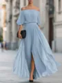 Summer off-shoulder pleated chiffon maxi dress for women elegant casual beach party wear. - S / Dresses / Sky Blue