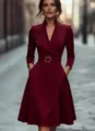 Elegant burgundy midi dress featuring a chic V-neck, long sleeves, and stylish belted waist. - S / Dresses / Burgundy