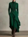 Elegant deep green long-sleeve turtleneck maxi dress with chic asymmetrical layered crossover wrap design. - Green