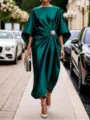 Elegant emerald green satin midi dress with sparkling brooch accent and chic draped sleeves for women. - Green
