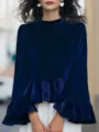 Detail view of a navy velvet long-sleeve top with elegant ruffled hem and classic crew neck. - S / Tops / Blue