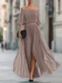 Off-shoulder pleated chiffon maxi dress detail, elegant street style summer fashion look. - S / Dresses / Khaki