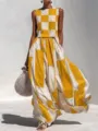 Summer casual women loose sleeveless geometric pattern round neck long dress resort wear - S / Dresses / Yellow