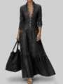 Details of the vintage style denim maxi dress featuring button front and side pockets. - S / Dresses / Black