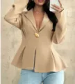 Stylish women's peplum blazer with unique metal button, slim fit long sleeve jacket top. - Tops / Khaki / S