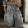 Femme casual ample manches courtes col V combinaison en jean gris lavé avec grandes poches - Gris