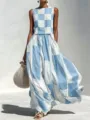 Blue and white geometric pattern sleeveless maxi dress detail, casual summer fashion style. - S / Dresses / Sky Blue