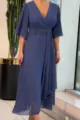 Elegant V-neck pleated chiffon dress detail showcasing delicate waist rhinestone embellishment. - S / Dresses / Navy Blue