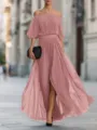 Details of the elegant off-the-shoulder pleated chiffon maxi dress for chic summer styling. - Pink