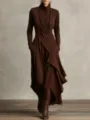 Elegantly designed solid brown long-sleeve cross turtleneck maxi dress for women's autumn wear. - S / Dresses / Dark Brown