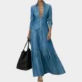 Women long sleeve denim maxi dress casual lapel single breasted button long denim dress - S / Dresses / Light Blue