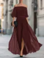 Elegant off-the-shoulder pleated chiffon maxi dress in deep burgundy, perfect for summer. - Burgundy