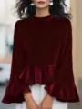 Detail view of women velvet long sleeve ruffle blouse in deep red color, premium fabric texture. - Burgundy