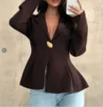 Women's slim fit brown blazer jacket with stylish gold button closure and peplum waist design. - Tops / Coffee / S