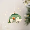 Retro green camper Christmas tree hanging ornament with cute dog design, 7cm holiday decor - Green Carriage