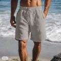 Detail casual strandshorts, katoen linnen stof, elastische taille met trekkoord, grijs. - S / Bottoms / Grijs