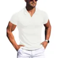 Men white ribbed short sleeve polo shirt V-neck summer casual slim fit knit top apparel - S / White