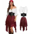 Ensemble de costume de pirate renaissance avec blouse, corset et jupe asymétrique - 3XL / Haut Et Bas / Bordeaux