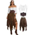 Ensemble de costume pirate Renaissance avec blouse, ceinture corset et jupe asymétrique. - 3XL / Haut Et Bas / Café