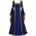 Medieval vintage hooded dress details, blue long gown with gold trim and black lacing. - Dark Blue