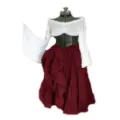 Detailed view of the medieval renaissance costume set featuring off-shoulder top and skirt. - S / Dresses / Burgundy