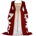 Medieval Renaissance velvet long dress for women, vintage trumpet sleeves and lace-up front. - S / Dresses / Burgundy