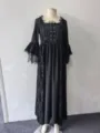 Detailed view of medieval vintage gothic black lace long bell sleeve dress with intricate patterns. - Flocked Black