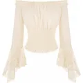 Femme chemisier élégant manches longues épaules dénudées dentelle volant haut crème - 2XL / Hauts / Abricot