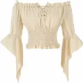 Blouse vintage française épaules dénudées à lacets et fronces, élégant top manches cloche. - XL / Hauts / Beige